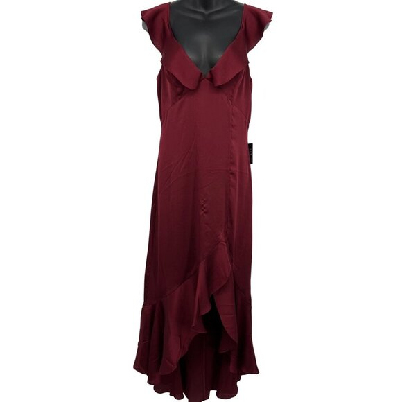 Express Size 6 Ruffle Burgundy Evening Maxi Dress Hi Low Sleeveless V-Neck New - Picture 1 of 8